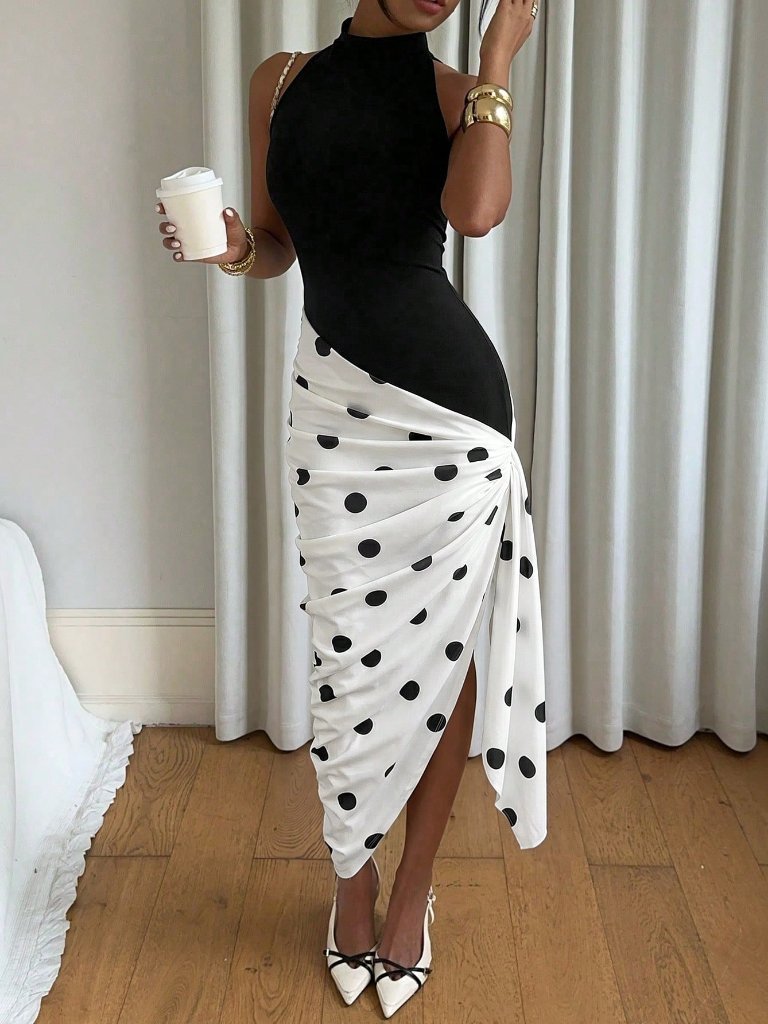 Black And White Elegant Women's Polka Dot Asymmetric Hem Ruched Sleeveless Dress